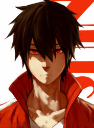 Rule 34 | 1boy, black hair, character name, jacket, jersey, kagerou project, kisaragi shintarou, looking at viewer, lowrain, male focus, red eyes, serious, short hair, solo, track jacket