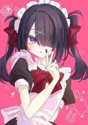 Rule 34 | 1girl, absurdres, alternate costume, ame-chan (needy girl overdose), apron, black dress, black hair, black nails, bow, charlotte11037, commentary request, dress, enmaided, frilled apron, frills, hair ornament, hair over one eye, hair tie, hand up, highres, long hair, maid, maid apron, maid headdress, multicolored nails, nail polish, needy girl overdose, open mouth, pill, pink background, puffy short sleeves, puffy sleeves, purple eyes, red bow, red nails, short sleeves, solo, twintails, upper body, white apron, x hair ornament