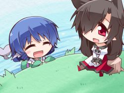 Rule 34 | 2girls, animal ears, blue hair, blush stickers, brown hair, chibi, closed eyes, double dealing character, dress, drill hair, extra ears, fang, fins, frilled sleeves, frills, grass, hair over one eye, head fins, hemogurobin a1c, imaizumi kagerou, japanese clothes, juliet sleeves, kimono, lake, layered dress, long hair, long sleeves, mermaid, monster girl, multiple girls, open mouth, partially submerged, pointy ears, puffy sleeves, red eyes, short hair, sitting, sitting on object, sleeves past wrists, tail, touhou, tree stump, twin drills, wakasagihime, water, wolf, wolf ears, wolf tail