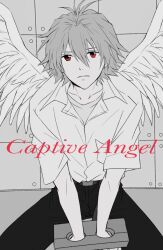 Rule 34 | 1boy, angel boy, angel wings, grey hair, highres, male focus, nagisa kaworu, neon genesis evangelion, red eyes, restrained, school uniform, solo, tousok, wings