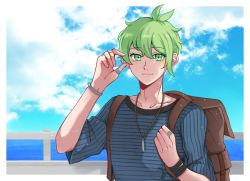 Rule 34 | 1boy, amami rantaro, backpack, bag, border, closed mouth, cloud, collarbone, commentary, danganronpa (series), danganronpa v3: killing harmony, day, donutous, green eyes, green hair, hand up, jewelry, looking at viewer, male focus, necklace, outdoors, shirt, short hair, short sleeves, sky, smile, solo, striped clothes, striped shirt, thumb ring, upper body, white border