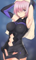 Rule 34 | 1girl, armor, armored dress, armpits, arms up, bare shoulders, black dress, blush, breasts, closed mouth, cowboy shot, dress, fate/grand order, fate (series), hair over one eye, light purple hair, looking at viewer, mash kyrielight, medium breasts, navel, nigane, purple eyes, short hair, solo, stomach, sweat, towel