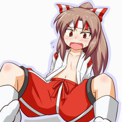Rule 34 | &gt;:o, 1girl, :o, arm support, blush, breasts, brown eyes, brown hair, cleavage, collarbone, commentary request, cross-laced clothes, drawstring, embarrassed, flat chest, hachimaki, hakama, hakama pants, hakama shorts, half updo, headband, high ponytail, japanese clothes, kantai collection, konokiya, long hair, long sleeves, looking at viewer, navel, nose blush, open clothes, open mouth, outline, pants, parted bangs, reclining, red shorts, shorts, simple background, sitting, solo, spread legs, stomach, sweat, tabi, tearing up, teeth, v-shaped eyebrows, white background, white legwear, zuihou (kancolle)