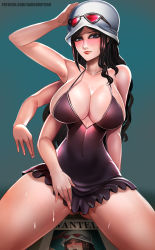 Rule 34 | badcompzero, bare arms, bare shoulders, black dress, black hair, blue eyes, blush, breasts, cleavage, collarbone, covered navel, curvy, dress, extra arms, eyewear on head, gluteal fold, green background, hana hana no mi, hat, highres, huge breasts, light smile, lips, long hair, looking at viewer, nico robin, one piece, simple background, solo, spread legs, sunglasses, sunglasses on head, sweat, thick thighs, thighs, wanted