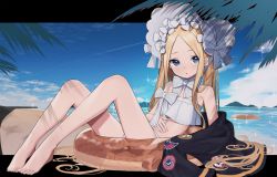 Rule 34 | 1girl, abigail williams (fate), abigail williams (swimsuit foreigner) (fate), abigail williams (swimsuit foreigner) (third ascension) (fate), bare shoulders, barefoot, beach, bikini, black jacket, blonde hair, blue eyes, blue sky, blush, bonnet, bow, breasts, fate/grand order, fate (series), forehead, hair bow, highres, innertube, jacket, lazu0721, legs, long hair, looking at viewer, miniskirt, palm leaf, parted bangs, sidelocks, sitting, skirt, sky, small breasts, solo, swim ring, swimsuit, twintails, unworn jacket, very long hair, white bikini, white bow, white headwear