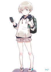Rule 34 | 1girl, alternate costume, backpack, bag, blue eyes, cellphone, commentary request, fuji (pixiv24804665), full body, grey skirt, highres, hood, hooded sweater, kantai collection, phone, pleated skirt, short hair, simple background, skirt, smartphone, smile, solo, sweater, white background, white footwear, white hair, white sweater, z1 leberecht maass (kancolle)