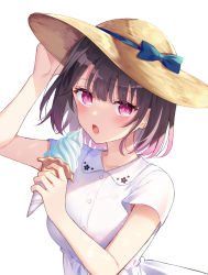 Rule 34 | 1girl, arm up, black hair, blue bow, blush, bow, breasts, brown hat, collarbone, collared dress, commentary request, dress, food, hand on headwear, hat, hat bow, holding, holding food, ice cream, ice cream cone, looking at viewer, multicolored hair, open mouth, original, pink hair, purple eyes, short sleeves, simple background, small breasts, soft serve, solo, tetsu tissue, two-tone hair, upper body, white background, white dress