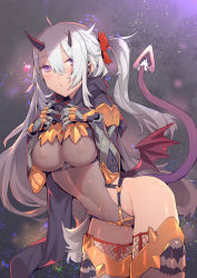 Rule 34 | 1girl, bow, breasts, covered erect nipples, covered navel, demon girl, demon horns, demon tail, demon wings, fishnet thighhighs, fishnets, grey leotard, groin, hair between eyes, hair bow, hands on own chest, hands up, heart, highleg, highleg leotard, horns, leaning forward, leotard, long hair, looking at viewer, low wings, medium breasts, one side up, original, parted lips, puffy nipples, red bow, red eyes, red wings, silver hair, solo, tail, tail raised, tajima ryuushi, thighhighs, very long hair, wings