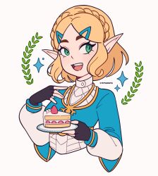 Rule 34 | 1girl, black gloves, blonde hair, cake, cake slice, cremanata, fingerless gloves, food, gloves, green eyes, hair ornament, hairclip, highres, holding, holding food, holding plate, looking at viewer, medium hair, nintendo, open mouth, plate, pointy ears, princess zelda, simple background, teeth, the legend of zelda, the legend of zelda: tears of the kingdom, upper body, upper teeth only, white background