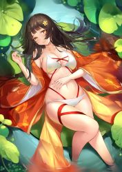 Rule 34 | 1girl, akashic chronicle, bikini, breasts, brown hair, character request, cleavage, closed mouth, flower, hair flower, hair ornament, highres, japanese clothes, kimono, large breasts, long hair, looking at viewer, lying, navel, on back, orange kimono, pdxen, plant, smile, solo, swimsuit, vegetation, water, wet, white bikini, yellow eyes