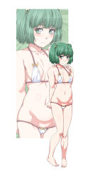 Rule 34 | 1girl, bare legs, barefoot, bikini, blush, bow, bow bikini, breasts, embarrassed, frown, full body, green eyes, green hair, hair bobbles, hair ornament, kisume, looking at viewer, micro bikini, navel, ootsuki wataru, outline, short hair, simple background, small breasts, solo, stomach, swimsuit, touhou, twintails, white background, white bikini, white outline, zoom layer