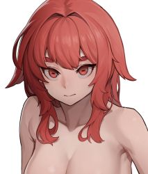Rule 34 | 1girl, armpits, bare shoulders, breasts, completely nude, highres, horizontal pupils, large breasts, long hair, looking at viewer, nude, original, portrait, red eyes, red hair, simple background, smile, solo, stoll (tmxhf), white background