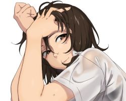 Rule 34 | 1girl, brown eyes, brown hair, looking to the side, no headwear, portrait, shirt, short hair, short sleeves, simple background, smile, solo, touhou, toujou (toujou ramen), usami renko, wet, wet clothes, wet hair, wet shirt, white background