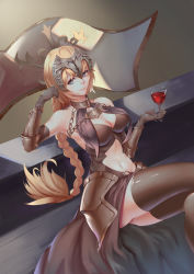 Rule 34 | 1girl, absurdres, alternate costume, armor, armored dress, artist request, ass, black thighhighs, blonde hair, blue eyes, braid, breasts, cleavage, clothing cutout, crossed legs, cup, drinking glass, fate/grand order, fate (series), faulds, headpiece, highres, jeanne d&#039;arc (fate), jeanne d&#039;arc (ruler) (fate), jeanne d&#039;arc alter (avenger) (fate), jeanne d&#039;arc alter (avenger) (third ascension) (fate), jeanne d&#039;arc alter (fate), large breasts, long hair, looking at viewer, navel, navel cutout, shoes, single shoe, smile, solo, standard bearer, thighhighs, thighs, very long hair, wine glass