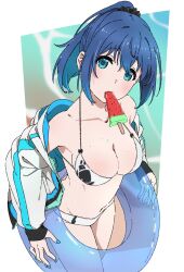 1girl bikini blue_eyes blue_hair breasts collarbone food high_ponytail highres ice_cream jacket long_hair matatabeat nail_polish off_shoulder open_clothes open_jacket popsicle senno_inori senno_inori_project solo string_bikini swimsuit watermelon_bar