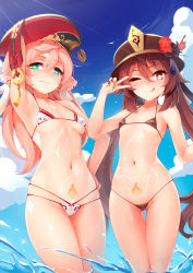 Rule 34 | 2girls, ;q, arm up, armpits, bikini, blue sky, blush, breasts, brown bikini, brown hair, brown nails, cloud, collarbone, commentary, cum, cum on body, day, flower, genshin impact, green eyes, hair between eyes, halterneck, hand on own hip, hat, hat flower, highres, horns, hu tao (genshin impact), long hair, looking at viewer, micro bikini, multiple girls, nail polish, navel, one eye closed, outdoors, pink hair, pubic tattoo, red eyes, red flower, red headwear, ricegnat, skindentation, sky, small breasts, smile, string bikini, swimsuit, symbol-only commentary, symbol-shaped pupils, tattoo, tongue, tongue out, twintails, underboob, v, v over eye, very long hair, wading, water, white bikini, yanfei (genshin impact)