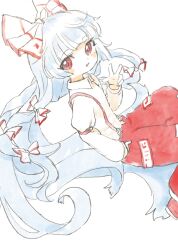 Rule 34 | 1girl, :d, blunt bangs, bow, collared shirt, commentary request, foot out of frame, fujiwara no mokou, hair bow, hand in pocket, hand up, highres, long hair, long sleeves, looking at viewer, ofuda, ofuda on clothes, open mouth, pants, red eyes, red footwear, red pants, sanunu36, shirt, shoes, simple background, smile, solo, suspenders, touhou, very long hair, w, white background, white bow, white hair, white shirt