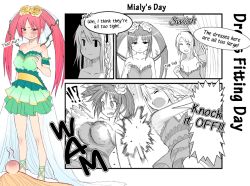 Rule 34 | !?, 2girls, alternate language, bare shoulders, blonde hair, blush, braid, breast envy, breasts, comic, cosmic break, dress, emphasis lines, empty eyes, english text, flat chest, flower, frilled dress, frills, hair flower, hair ornament, hairband, head bump, mialy, morizo cs, multiple girls, non-web source, official art, pink hair, red eyes, rouche, shaded face, slapping, surprised, tears, twintails