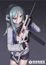 Rule 34 | 1girl, absurdres, black background, black gloves, black shorts, closed mouth, ear protection, eotech, fingerless gloves, gloves, gradient background, grey background, grey hair, grey jacket, gun, h&amp;k ump, hair between eyes, headset, highres, holding, holding gun, holding weapon, ismuth (bibibibirite), jacket, long hair, long sleeves, original, puffy long sleeves, puffy sleeves, purple eyes, short shorts, shorts, sleeves past wrists, smile, solo, submachine gun, translation request, weapon