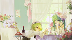 Rule 34 | 2girls, absurdres, acr (dash), antique phone, black ribbon, bottle, cake, cake stand, clock, commentary request, cup, curtains, day, dress, elbow gloves, elbow rest, flower, food, fork, frilled sleeves, frills, gloves, green eyes, green hair, gumi, hair between eyes, hat, hat flower, hat ribbon, hatsune miku, head rest, highres, holding, holding cup, indoors, long hair, long sleeves, looking at viewer, multiple girls, neck ribbon, pink flower, red flower, ribbon, shirt, short hair, sitting, smile, table, twintails, vase, vocaloid, white dress, white gloves, white hat, white shirt, window, wine bottle