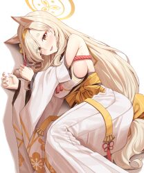 Rule 34 | 1girl, absurdres, animal ears, bare shoulders, blonde hair, blue archive, blush, breasts, commentary, detached sleeves, eyes visible through hair, eyeshadow, feet out of frame, fox ears, hair over one eye, hairband, halo, highres, hinen, japanese clothes, kaho (blue archive), kimono, large breasts, long hair, looking at viewer, lying, makeup, mole, mole under mouth, on side, orange hairband, pink eyeshadow, sideboob, simple background, sleeveless, sleeveless kimono, solo, thick eyebrows, very long hair, white background, white kimono, wide sleeves, yellow eyes