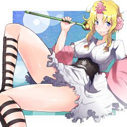 Rule 34 | 1girl, ankle lace-up, blonde hair, blue eyes, blush, breasts, cross-laced footwear, female focus, flower, hair flower, hair ornament, haru-chan, highres, japanese clothes, nhk (broadcaster), nishiide kengorou, obi, aged up, sash, smile, solo, thighs