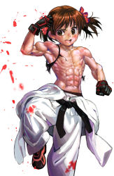 Rule 34 | abs, apyoapyo, blood, brown hair, dougi, flat chest, gloves, highres, karate gi, muscular, nipples, topless, torn clothes, twintails