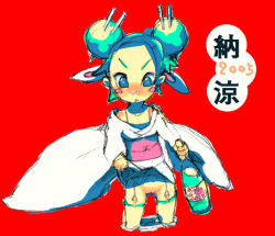 Rule 34 | 1girl, alcohol, animal ears, blue eyes, blush, rabbit ears, clothes lift, dosie, green hair, japanese clothes, kimono, kimono lift, lowres, no panties, panties, panty pull, snot, solo, underwear