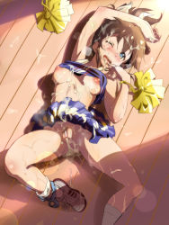 Rule 34 | 10s, 1girl, aftersex, andou shuki, arm up, blue eyes, blush, breasts, brown hair, bukkake, censored, cheerleader, clothes lift, cum, cum in pussy, cum on body, cumdrip, facial, female pubic hair, from above, idolmaster, idolmaster million live!, long hair, looking at viewer, lying, nipples, on back, on floor, one eye closed, open mouth, panties, panties around leg, pom pom (cheerleading), pubic hair, pussy, satake minako, shirt lift, skirt, skirt lift, smile, solo, spread legs, underwear
