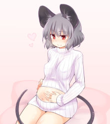 Rule 34 | 1girl, animal ears, blush, dra (area-s), grey hair, hand on own stomach, heart, mouse ears, mouse tail, navel, nazrin, pregnant, red eyes, ribbed sweater, short hair, sitting, smile, solo, sweater, tail, touhou, turtleneck