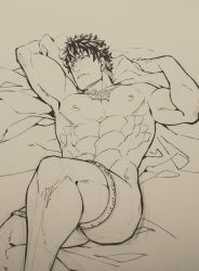 Rule 34 | 1boy, abs, bara, bed, caligula (fate), come hither, fate/grand order, fate (series), greyscale, highres, koryuu (gackter10), male focus, monochrome, muscular, nipples, nude, robe, short hair, simple background, solo, thick thighs, thighs, toned, toned male, white robe