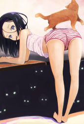 Rule 34 | 1girl, abe kanari, ass, barefoot, bent over, black hair, blue eyes, camisole, cat, food, from behind, glowing, highres, looking back, mouth hold, original, panties, petite, pocky, short hair, solo, striped clothes, striped panties, underwear
