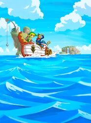 Rule 34 | 2boys, absurdres, bird, black hair, blonde hair, blue jacket, blue sky, boat, ciela, cloud, day, facial hair, green headwear, green tunic, hat, highres, island, jacket, linebeck, link, looking at viewer, multiple boys, mustache, nintendo, ocean, official art, outdoors, seagull, shield, shield on back, short hair, sky, ss linebeck, sword, the legend of zelda, the legend of zelda: phantom hourglass, toon link, toon zelda (style), water, watercraft, waterfall, weapon, weapon on back
