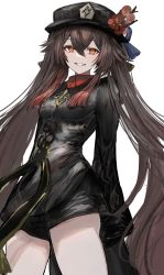Rule 34 | 1girl, black coat, black hat, black shorts, breasts, brown hair, coat, collared shirt, cowboy shot, flower, gawako, genshin impact, grin, hair between eyes, hat, hat flower, highres, hu tao (genshin impact), long hair, looking at viewer, red eyes, red shirt, shirt, shorts, sleeves past wrists, small breasts, smile, solo, twintails, white background