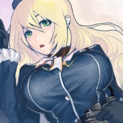 Rule 34 | 1girl, artist request, ascot, atago (kancolle), bad drawr id, bad id, black jacket, blonde hair, breasts, camera, frilled sleeves, frills, green eyes, hair between eyes, hand up, hat, holding, holding camera, huge breasts, jacket, kantai collection, long hair, long sleeves, looking at viewer, lying, military uniform, oekaki, on back, parted lips, solo, uniform, upper body, white ascot