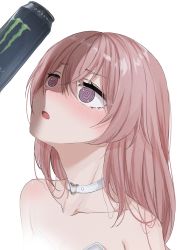 Rule 34 | 1girl, @ @, astolfo monster cosplay (meme), blush, character request, choker, collarbone, commentary, copyright request, english commentary, feint721, heart, heart choker, highres, inui sajuna, long hair, looking up, meme, monster energy, parted lips, pink hair, shadow, simple background, solo, sono bisque doll wa koi wo suru, white background