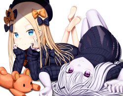 Rule 34 | 2girls, abigail williams (fate), absurdres, arm support, arms up, barefoot, black bow, black dress, black hat, blonde hair, blue eyes, bow, closed mouth, commentary request, dress, fate/grand order, fate (series), feet, fingernails, forehead, hair between eyes, hair bow, hat, highres, horns, knees up, lavinia whateley (fate), legs up, long hair, long sleeves, lying, multiple girls, on back, on stomach, orange bow, pale skin, parted bangs, polka dot, polka dot bow, purple eyes, sanpeita, shadow, silver hair, single horn, sleeves past wrists, smile, soles, stuffed animal, stuffed toy, teddy bear, the pose, very long hair, white background