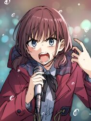 Rule 34 | 1girl, black ribbon, blurry, blurry background, brown hair, brown jacket, collared shirt, depth of field, dress shirt, girls band cry, grey eyes, hands up, highres, holding, holding microphone, hood, hood down, hooded jacket, iseri nina, jacket, long sleeves, looking at viewer, low twintails, microphone, neck ribbon, open clothes, open jacket, open mouth, ribbon, shirt, short twintails, solo, somechime (sometime1209), twintails, upper body, v-shaped eyebrows, water drop, white shirt