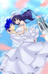 Rule 34 | 1boy, 1girl, aged up, black eyes, blue hair, bride, brown eyes, church, commission, commissioner upload, couple, dmayaichi, dress, edate yaramashi, fairy tail, fairy tail: h quest, groom, highres, jewelry, my blue demon, original, reference work, ring, tuxedo, wedding, wedding band, wedding dress, wedding ring, wendy marvell