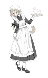 Rule 34 | absurdres, androgynous, animal ears, apron, black dress, black footwear, blonde hair, braid, chinese commentary, colored eyelashes, commentary request, dog ears, dog tail, dress, frilled dress, frilled hat, frills, full body, green eyes, hair ribbon, hat, heterochromia, highres, holding, holding plate, kunkun (ikunsleep), long dress, long sleeves, maid, maid apron, mary janes, no mouth, no nose, original, pantyhose, plate, red eyes, ribbon, shoes, sketch, sleeve cuffs, solo, tail, white apron, white hat, white pantyhose