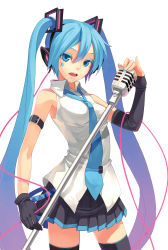 Rule 34 | 1girl, aqua hair, arm strap, bare shoulders, black thighhighs, blue eyes, cable, facial mark, fkey, hatsune miku, headphones, highres, holding, long hair, microphone, nail polish, necktie, open mouth, pleated skirt, shirt, simple background, skirt, sleeveless, sleeveless shirt, solo, star (symbol), thighhighs, twintails, very long hair, vocaloid, white background