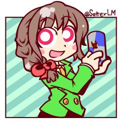 Rule 34 | 10s, 1girl, :d, blush stickers, bow, braid, brown hair, can, energy drink, eyebrows, formal, hair bow, holding, holding can, idolmaster, idolmaster cinderella girls, necktie, open mouth, pink eyes, red bull, senkawa chihiro, setter (seven stars), single braid, smile, solo, suit, twitter username