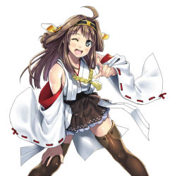 Rule 34 | 10s, 1girl, ;d, ahoge, bare shoulders, boots, brown eyes, brown hair, brown thighhighs, detached sleeves, double bun, fujimon, hair bun, hairband, headgear, japanese clothes, kantai collection, kongou (kancolle), long hair, long sleeves, looking at viewer, md5 mismatch, nontraditional miko, one eye closed, open mouth, personification, pointing, pointing at viewer, resolution mismatch, ribbon-trimmed sleeves, ribbon trim, simple background, smile, solo, source larger, thigh boots, thighhighs, white background, wide sleeves, wink, zettai ryouiki