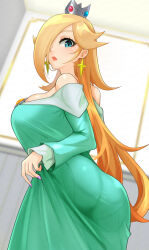 Rule 34 | 1girl, ass, blonde hair, blue eyes, breasts, crown, dress, earrings, female focus, highres, jewelry, large breasts, lips, long hair, looking at viewer, mario (series), nail polish, nintendo, off-shoulder dress, off shoulder, pantylines, rosalina, solo, super mario galaxy, tina orz