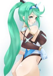 Rule 34 | 1girl, ass, back, breasts, competition swimsuit, deekei, elbow gloves, from behind, frontal wedgie, gem, gloves, green eyes, green hair, hair ornament, headpiece, highres, jewelry, large breasts, long hair, matching hair/eyes, nintendo, one-piece swimsuit, pneuma (xenoblade), ponytail, sideboob, signature, smile, solo, spoilers, swept bangs, swimsuit, thighs, tiara, very long hair, wedgie, xenoblade chronicles (series), xenoblade chronicles 2