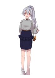 Rule 34 | 1girl, absurdres, bag, blouse, casual, fate/grand order, fate (series), full body, grey shirt, handbag, hane yuki, head tilt, highres, jewelry, necklace, pencil skirt, ponytail, red eyes, shirt, silver hair, simple background, skirt, solo, standing, tomoe gozen (fate), white background