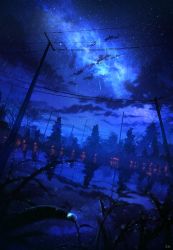 Rule 34 | absurdres, commentary request, highres, milky way, night, night sky, no humans, original, outdoors, power lines, rain, scenery, sky, skyrick9413, star (sky), tree, utility pole, water