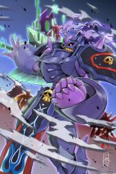 Rule 34 | absurdres, armor, craniummon, digimon, digimon (creature), full armor, highres, purple hair, red eyes, skull, spikes, twintails