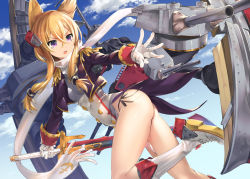 Rule 34 | &gt;:o, 1girl, akanagi youto, anchor symbol, ass, azur lane, bare legs, black panties, blonde hair, blue sky, boots, breasts, cannon, cloud, coat, commentary request, cropped jacket, day, enpera, epaulettes, feet out of frame, gloves, hair between eyes, hair ornament, headgear, holding, holding sword, holding weapon, leg up, long hair, long sleeves, machinery, open mouth, outdoors, panties, panty straps, partial commentary, pointy hair, purple coat, purple eyes, scarf, short hair with long locks, side-tie panties, sidelocks, sky, small breasts, solo, standing, sword, thighs, underwear, v-shaped eyebrows, warspite (azur lane), weapon, white footwear, white gloves, white scarf