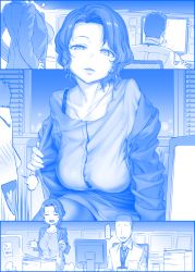 Rule 34 | ..., 1boy, 1girl, window blinds, blue theme, blush, bra strap, breasts, comic, commentary request, computer, cubicle, earrings, getsuyoubi no tawawa, himura kiseki, jacket, jewelry, large breasts, mature female, miniskirt, monochrome, name tag, necklace, necktie, night, off shoulder, office, open mouth, pantyhose, paper stack, silent comic, skirt, smile, window